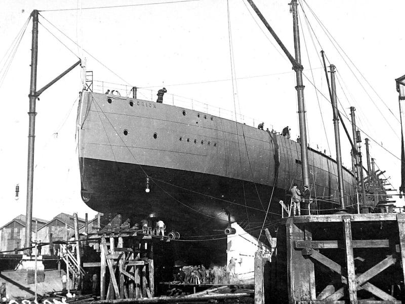 Launch of HMS Orion, 1910. H.M.S. Orion was one of eight armoured vessels authorised in 1909 and one of four Orion Class Battleships and was built at Portsmouth Royal Dockyard. She was laid down on 29 November 1909 and launched on 20 August 1910.