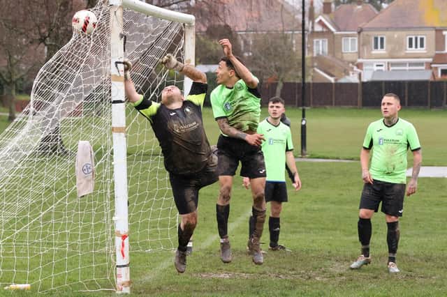 The Bedhampton keeper can't keep out the Wicor Mill equaliser. Picture by Kevin Shipp