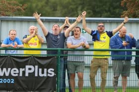 Gosport Borough fans in good spirits during the Bank Holiday Monday derby win at Sholing. Picture by Tom Phillips