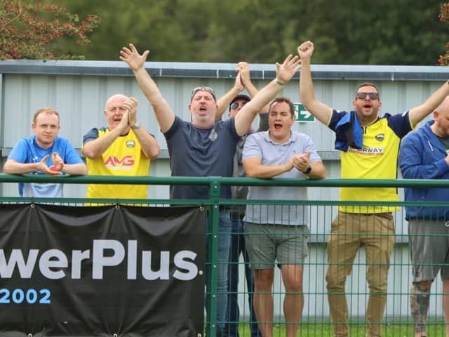 Gosport Borough fans in good spirits during the Bank Holiday Monday derby win at Sholing. Picture by Tom Phillips
