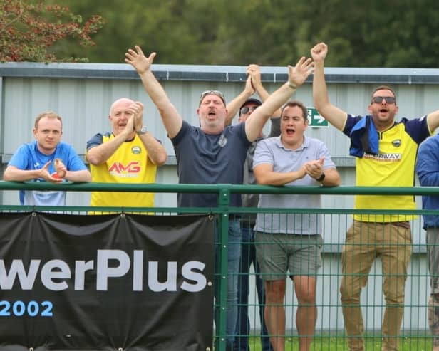 Gosport Borough fans in good spirits during the Bank Holiday Monday derby win at Sholing. Picture by Tom Phillips