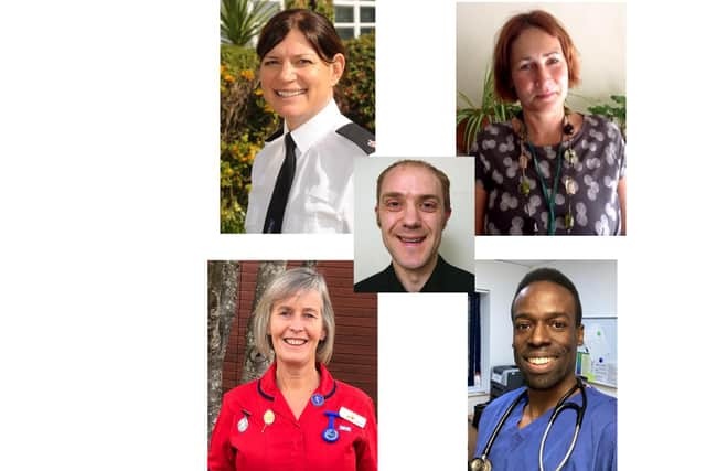 Clockwise from top left, Superintendent Clare Jenkins from Hampshire Constabulary, Portsmouth director of public health Helen Atkinson, GP Dr Abu Mohammed, and Angela Anderson, Clinical Director for Covid 19 vaccination programme at Solent NHS Trust, with inset, Cllr Matthew Winnington, the city council cabinet member for health, wellbeing and social care