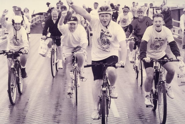 Cyclists from the Portsmouth to Paris club dock at Portsmouth Ferry Port, after a charity return trip to Paris, 1993. The News PP5637