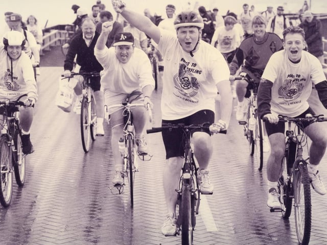 Cyclists from the Portsmouth to Paris club dock at Portsmouth Ferry Port, after a charity return trip to Paris, 1993. The News PP5637