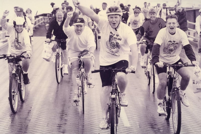 Cyclists from the Portsmouth to Paris club dock at Portsmouth Ferry Port, after a charity return trip to Paris, 1993. The News PP5637