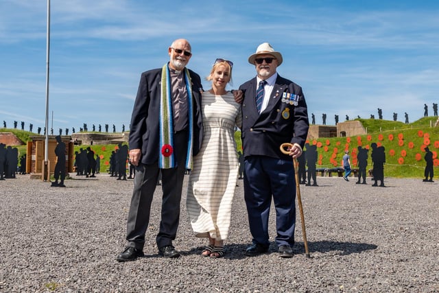 Veterans Brian Williams (Sheffield Association Chaplain) and Alan Day with Falkland Islander Bonnie Curtis who visited the event at the Royal Armouries.