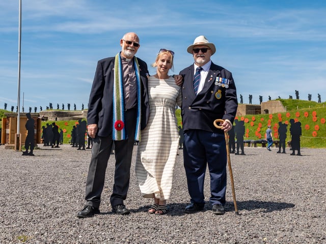Veterans Brian Williams (Sheffield Association Chaplain) and Alan Day with Falkland Islander Bonnie Curtis who visited the event at the Royal Armouries.