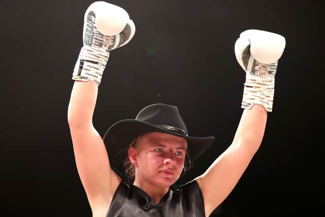 Portsmouth's Ebonie Jones holds her arms aloft after her professional debut victory over Vaida Masiokaite in October. Picture: James Chance/Getty Images