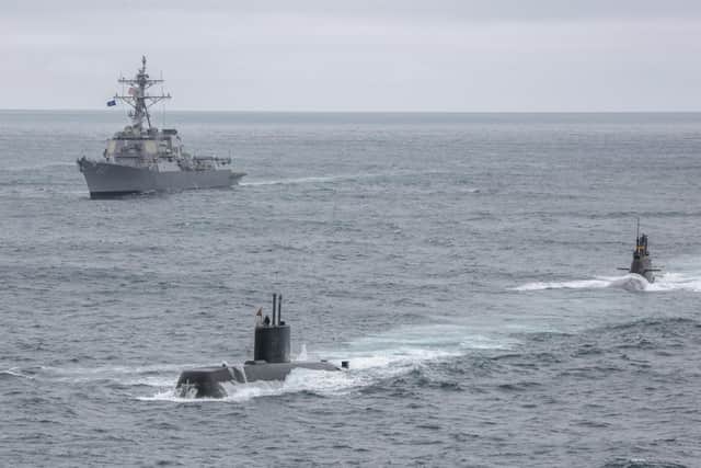 HMS Kent and her sister ship HMS Westminster met with the USS Roosevelt, USS Indiana, HNOMS Otto Sverdrop, HNOMS Utsira, HMCS Frederiction, FGS U36, and FS Casabianca Rouge off the Icelandic coast during a dark and overcast Thursday afternoon.
Credit: LPhot Dan Rosenbaum, HMS Kent
