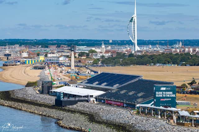 Drone shot of SailGP event in Southsea on Friday ahead of the weekend racing Marcin Jedrysiak