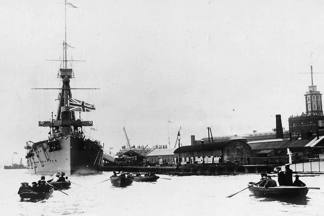 HMS Indomitable arrives with the Prince of Wales 1908.
Tied up alongside South Railway Jetty is HMS Indomitable with the Prince of Wales who had been visiting Quebec, Canada.  Picture: Barry Cox collection.