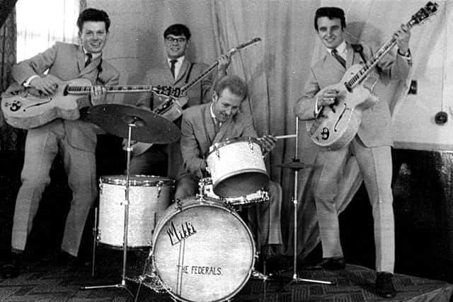 The Federals - Fareham's answer to The Beatles. On the left, on lead guitar, is Bill Butler; Brian Bicknell, bass; Mick Allen, drums and on the right on rhythm is Dave Beams.
The band were resident support/backing group at the Savoy, Southsea. They also won a Battle of the Bands competition for the south of England