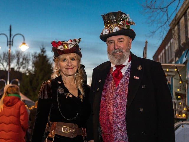 Getting ready for the the big switch-on: Sue Mulcahy and Andrew Cutting from the Gosport Steampunk Society. Picture: Mike Cooter (251123)