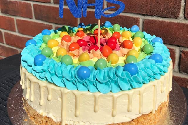 The rainbow cheesecake that was donated to Queen Alexandra Hospital in Cosham by Roxy Smedley, who runs The Cheesecake Vault.