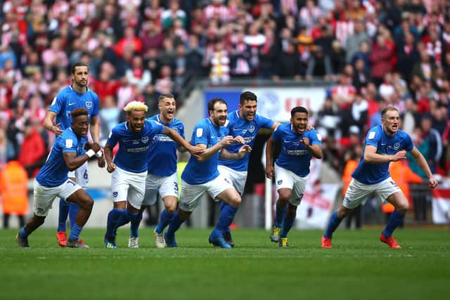 Pompey's players celebrate after Oli Hawkins' penalty earned them the Checkatrade Trophy in March 2019 in the last final. Picture: Jordan Mansfield/Getty Images