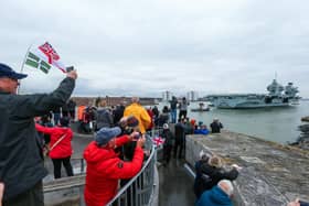 HMS Prince of Wales returns to HMNB Portsmouth. Picture: Chris  Moorhouse (260324-13)