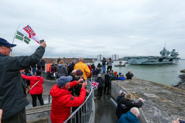 HMS Prince of Wales returns to HMNB Portsmouth. Picture: Chris  Moorhouse (260324-13)