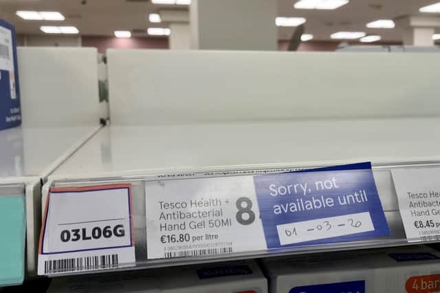 An empty shelf that storages antibacterial hand gel in a Tesco store. Picture: Nial Carson/PA Wire
