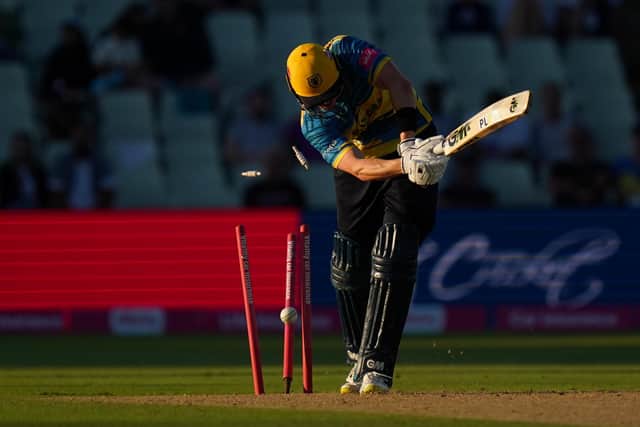 Birmingham Bears batsman Adam Hose is bowled by Hampshire's James Fuller. Photo credit should read: Jacob King/PA Wire.