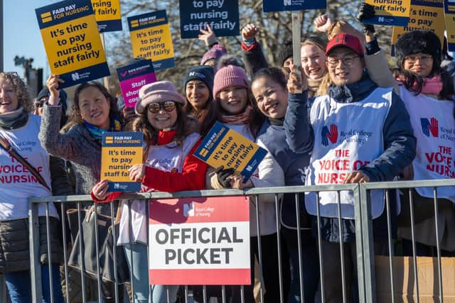 Nurses striking on Wednesday lunchtime outside Queen Alexandra Hospital, Portmsouth.
Photos by Alex Shute