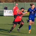 Baffins Milton Rovers striker Tom Vincent, right, scored his 14th goal of the season at Cowes. Picture: Mike Cooter