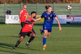 Baffins Milton Rovers striker Tom Vincent, right, scored his 14th goal of the season at Cowes. Picture: Mike Cooter