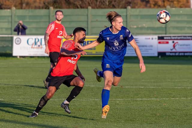 Baffins Milton Rovers striker Tom Vincent, right, scored his 14th goal of the season at Cowes. Picture: Mike Cooter