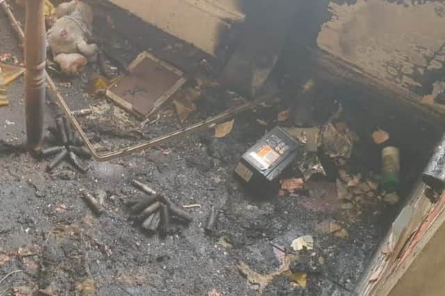 Aftermath of a fire caused by a lithium battery exploding