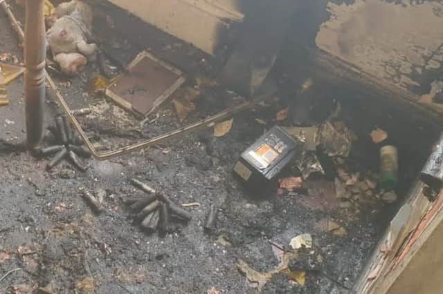 Aftermath of a fire caused by a lithium battery exploding