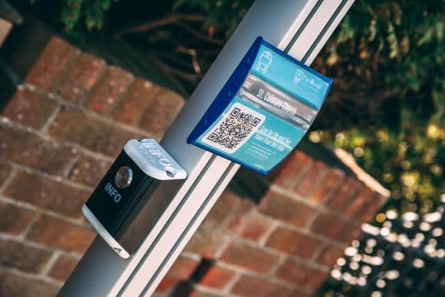 A new pole button at a Portsmouth bus stop that provides real time information for visually impaired residents. Picture: Portsmouth City Council