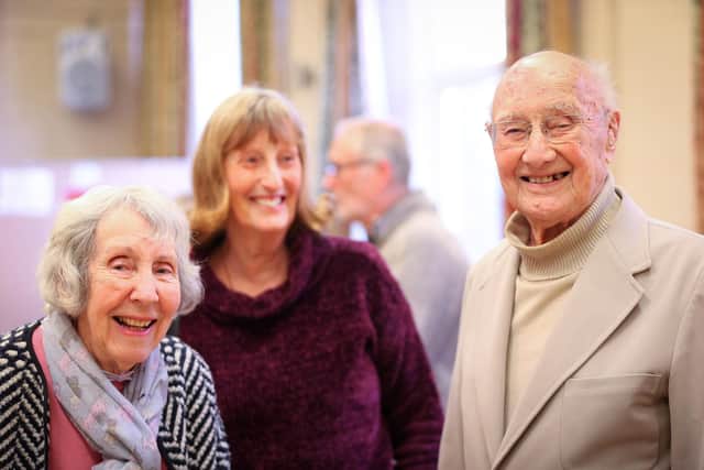 Boris with Jean Hartnell, left, and Ann Chawner. Boris Mayfield's 101st Birthday, Denmead Community CentrePicture: Chris Moorhouse (jpns 120322-70)