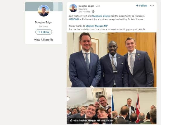 Douglas Edgar at the parliamentary reception in November with Portsmouth South MP Stephen Mrogan and Ousmane Drame from Urbond
Screenshot taken from LinkedIn