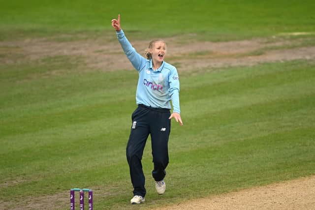 Charlie Dean appeals for a wicket playing for England against New Zealand in Worcester last month. Photo by Alex Davidson/Getty Images.