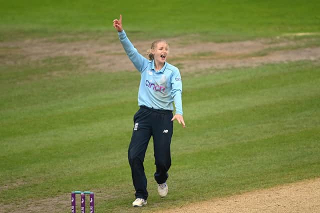 Charlie Dean appeals for a wicket playing for England against New Zealand in Worcester last month. Photo by Alex Davidson/Getty Images.