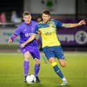 Former Stoneham striker Callum Laycock, right, in action for Moneyfields last night. Picture by Dave Bodymore.