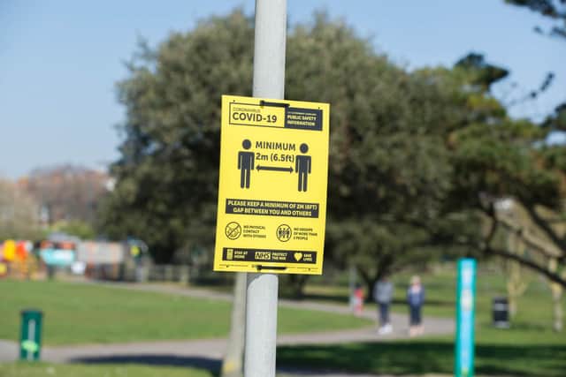 Signs on social distancing in Southsea in March 2020. Picture: Habibur Rahman