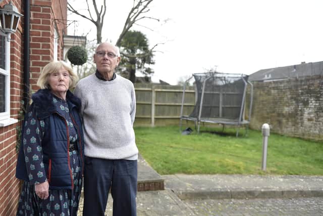 Sylvia (73) and Bryan (79) Stanley from Clifton Mews in Wallington, have objected to a neighbour's planning application for an extension to be built. They say once built they will need to go around the extension to be able to access their garden and bins and that no lighting has been planned. Picture: Sarah Standing (180324-9349)
