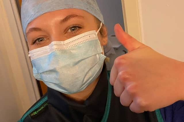 University of Portsmouth student Anna Ibbotson getting ready for her shift at Bournemouth Hospital's Radiography Department.