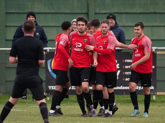 Fareham celebrate one of Jack Breed's two goals. Picture: Keith Woodland