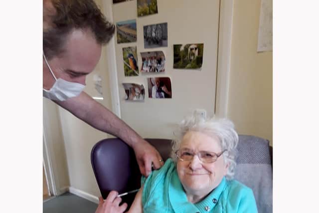 Residents and staff at The Home of Comfort in Victoria Grove, Southsea, received the Pfizer Covid-19 vaccination on Wednesday, January, 6 2021. Pictured is: Eileen Fryer.
