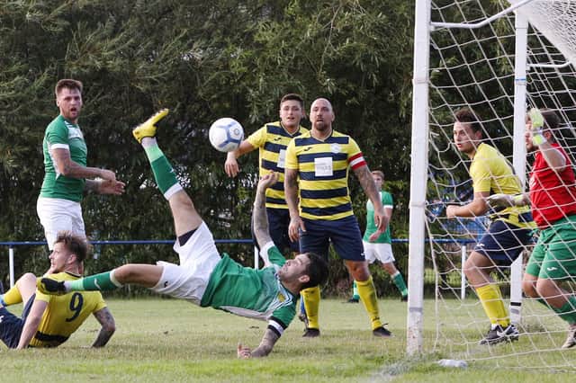 Kieran Clark gives Moneyfields the lead at Paulsgrove. Picture: Chris Moorhouse