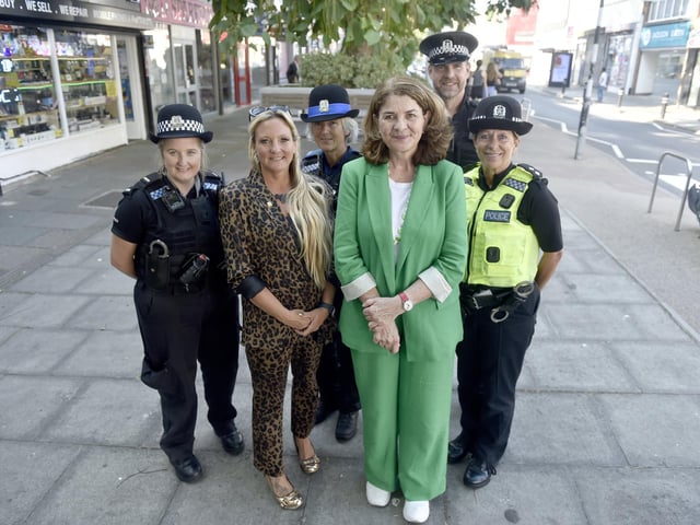 Pictured is: (l-r) PC Hannah Kelleher, Amanda Martin, Portsmouth North MP, PCSO Lisa Elliott, Police minister Dame Diana Johnson, Sgt Paul Rourke and Inspector Janine Sanger.  Picture: Sarah Standing (120825-8618)