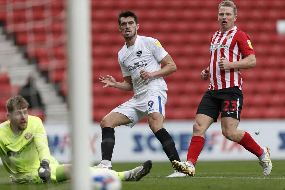 John Marquis of Portsmouth scores their second goal to make the score 1-2 during the Sky Bet League One match between Sunderland and Portsmouth at Stadium of Light on October 24th 2020 in Sunderland, England. (Photo by Daniel Chesterton/phcimages.com)