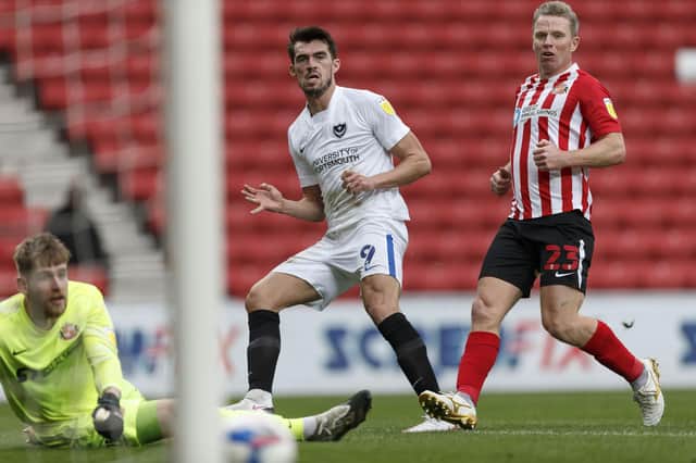 John Marquis of Portsmouth scores their second goal to make the score 1-2 during the Sky Bet League One match between Sunderland and Portsmouth at Stadium of Light on October 24th 2020 in Sunderland, England. (Photo by Daniel Chesterton/phcimages.com)
