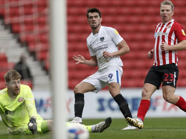 John Marquis of Portsmouth scores their second goal to make the score 1-2 during the Sky Bet League One match between Sunderland and Portsmouth at Stadium of Light on October 24th 2020 in Sunderland, England. (Photo by Daniel Chesterton/phcimages.com)