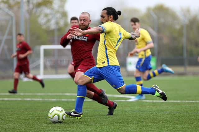 Meon Milton goalscorer Jagjit Singh on the ball against FC Strawberry. Picture: Chris Moorhouse