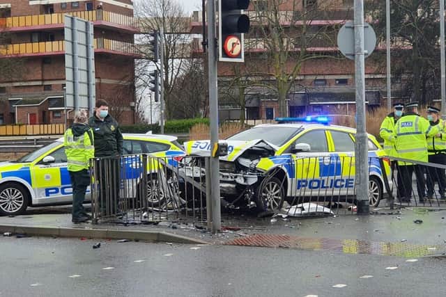 Emergency service at the scene of the crash on the M275, which injured a female police officer. Photo: Habibur Rahman