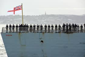 HMS Duncan returning to Portsmouth Naval Base in time for Christmas homecoming after leading NATO task group in the Mediterranean. Picture date: Friday December 22, 2023. PA Photo.
Photo credit should read: Ben Mitchell/PA Wire