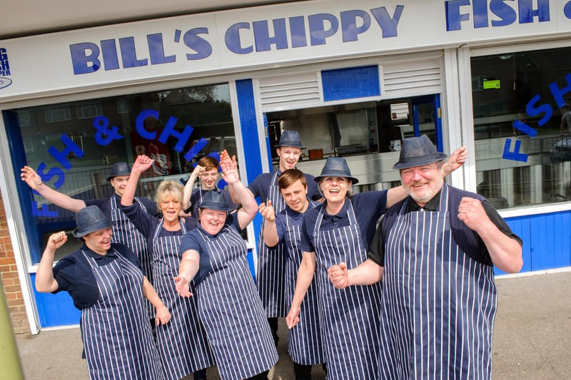 2015. Bill's Chippy in Mill Road Waterlooville. Sarah Jones, Leon Wilson,Valerie Toomer, Liam Hall, Sharon Kercher, Dail Berry, Callam Griffiths, Janice Kennedy and Bill Isherwood. Picture: Allan Hutchings 150714-426