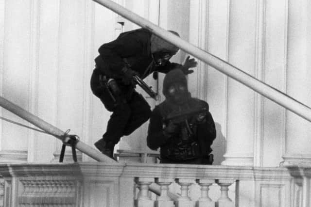 Members of the Special Air Service (SAS) entering the Iranian Embassy to end a six day siege in central London on May 5, 1980.  Photo:: PA Wire